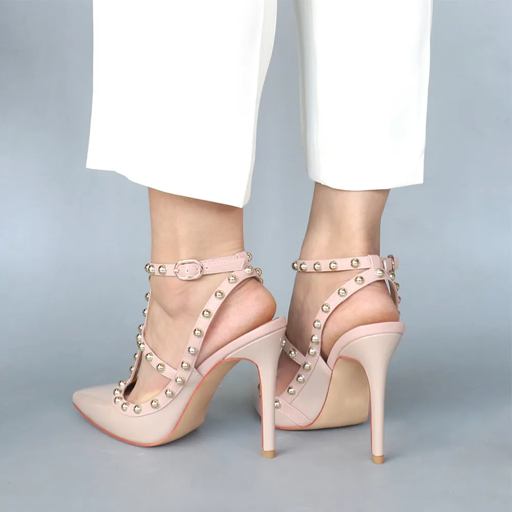100mm Heels Strap Sandals with Pointed Rivets for Women Slingback Pumps Closed Toe Nude Sandals-vocosishoes