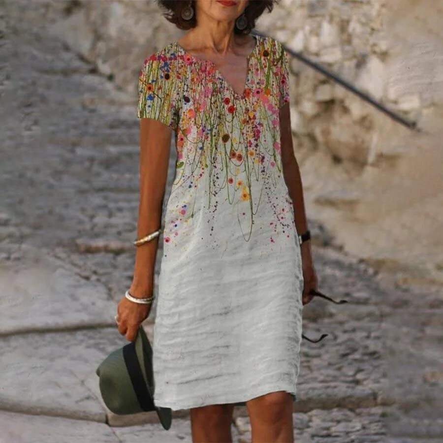 Casual Floral Print V-Neck Cotton Linen Dress