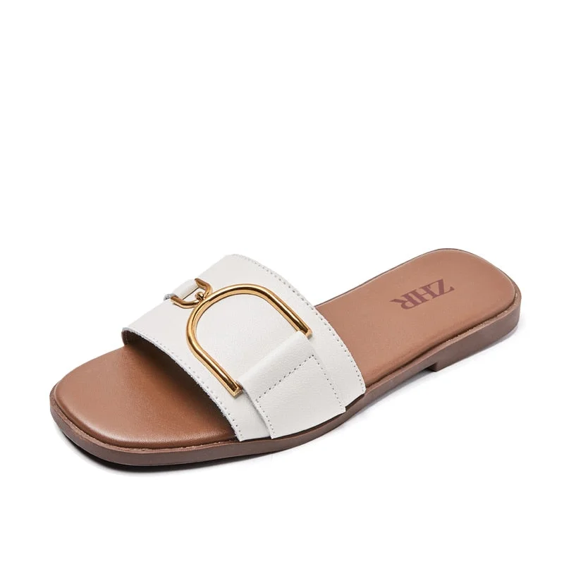 2021 Slippers Women Slides Luxury Brand Flip Flops Shoes Genuine Leather Square Toe Summer Slide Designers Sandals Casual Flats