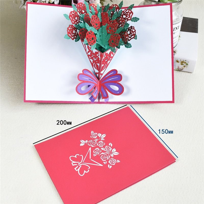 3D Rose Flowers Pop-Up Mothers Card Birthday Gift with Envelope Greeting Card Postcard Bouquet Flower All Occasions