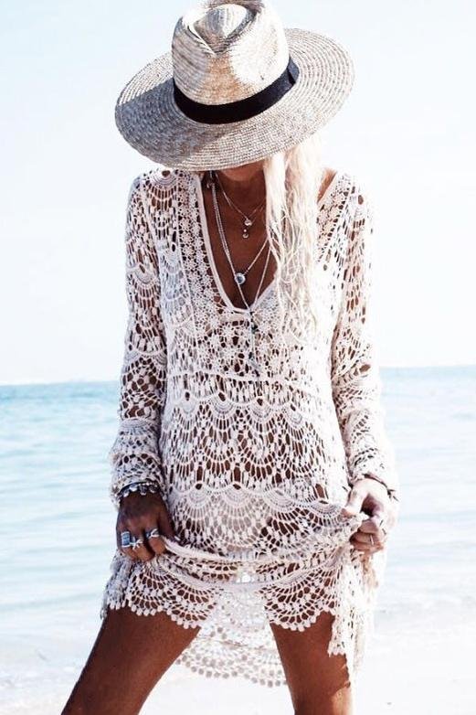 White Plunging Hollow Lace Crochet Long Sleeve Sexy Cover Up-elleschic