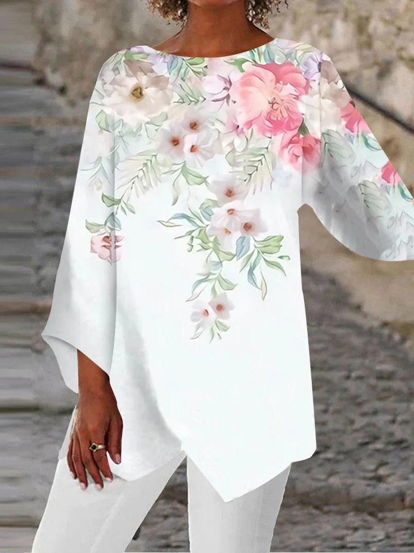 Women Asymmetrical 3/4 Sleeve Scoop Neck Floral Printed Top