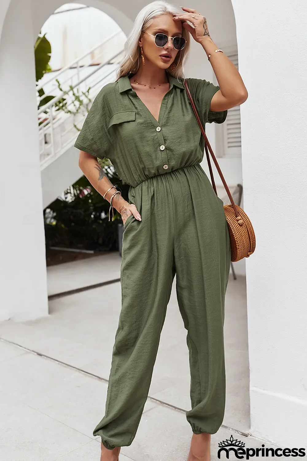 Summer Casual Solid Button Up Loose Jumpsuit