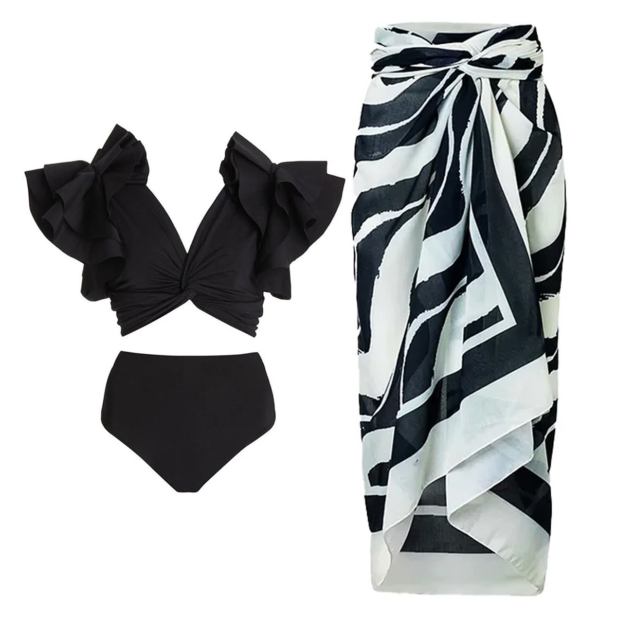 Ruffle Solid Color High Waist Bikini Swimsuit Flaxmaker