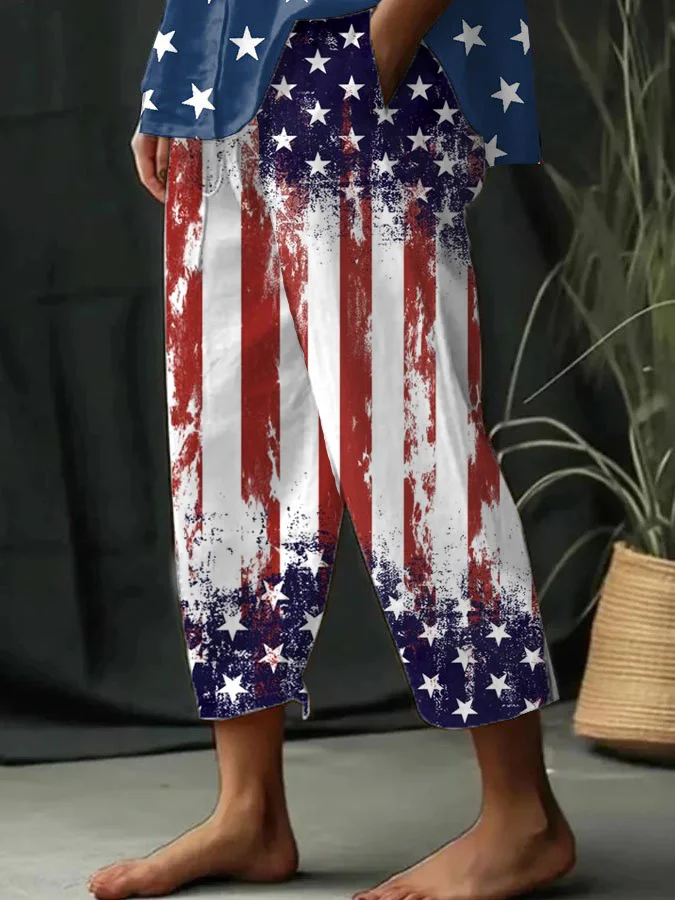 Women's Independence Day Painting Flag Element Print Casual Wide Leg Pants