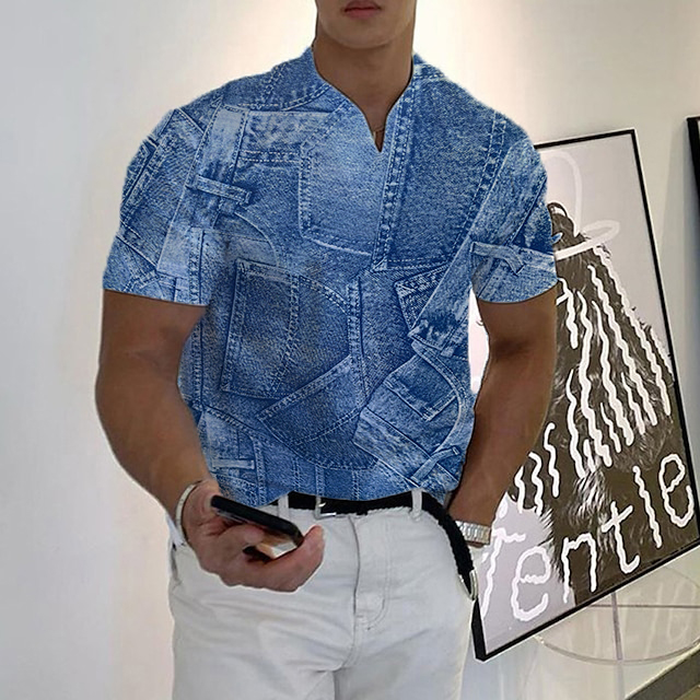 Men's Casual Denim Pattern V Neck T-shirts