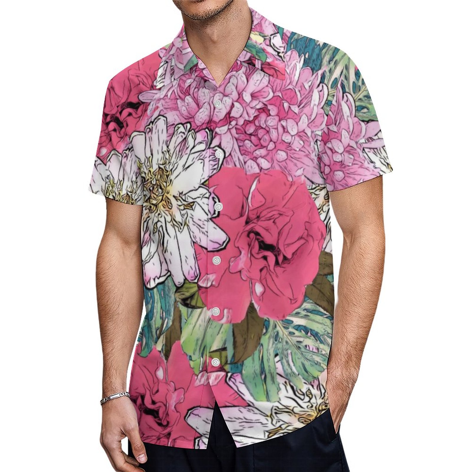 Cute Girly Pink Green Floral Illustration Hawaiian Shirt Mens Button Down Tropical Hawaii Beach Shirts