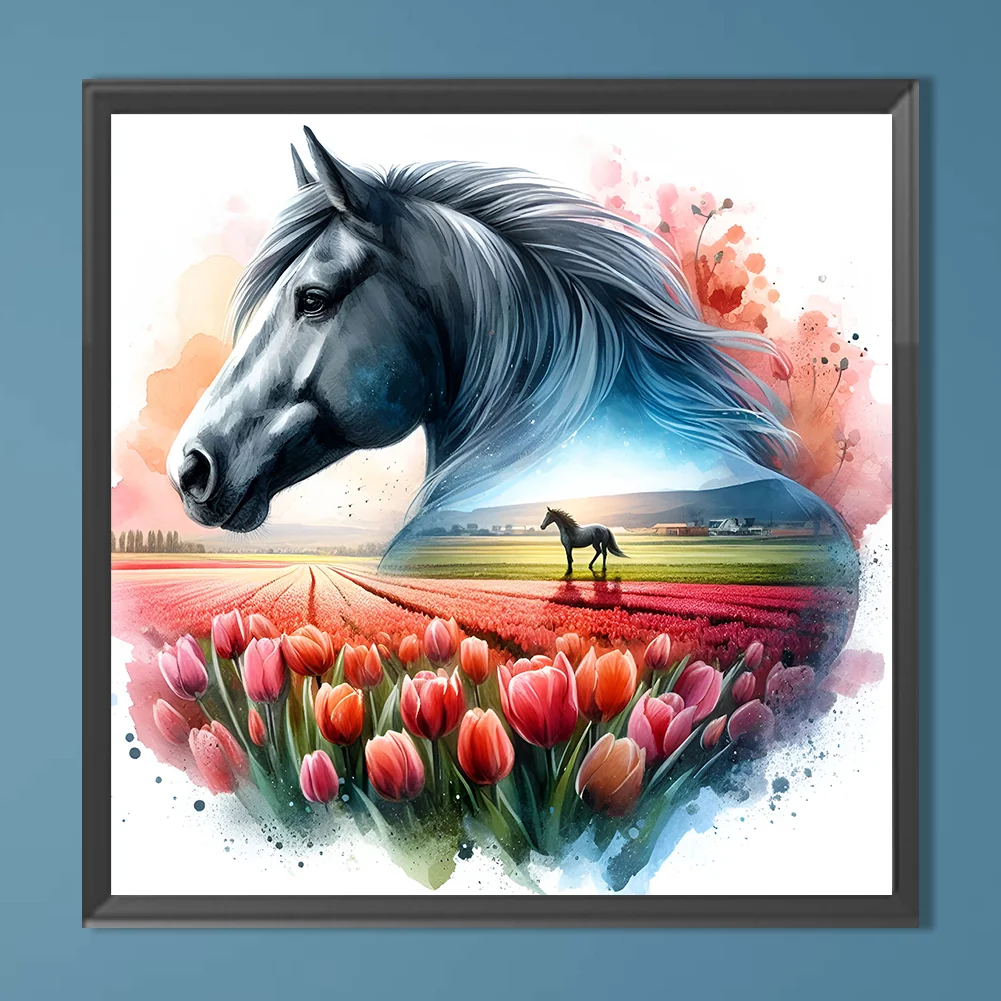 Diamond Painting - Full Round Drill - Tulip Horse Silhouettes(Canvas|30*30cm)
