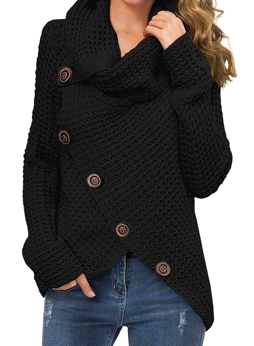 Women's Casual Turtle Cowl Neck Asymmetric Hem Wrap Pullover Chunky Button Knit Sweater