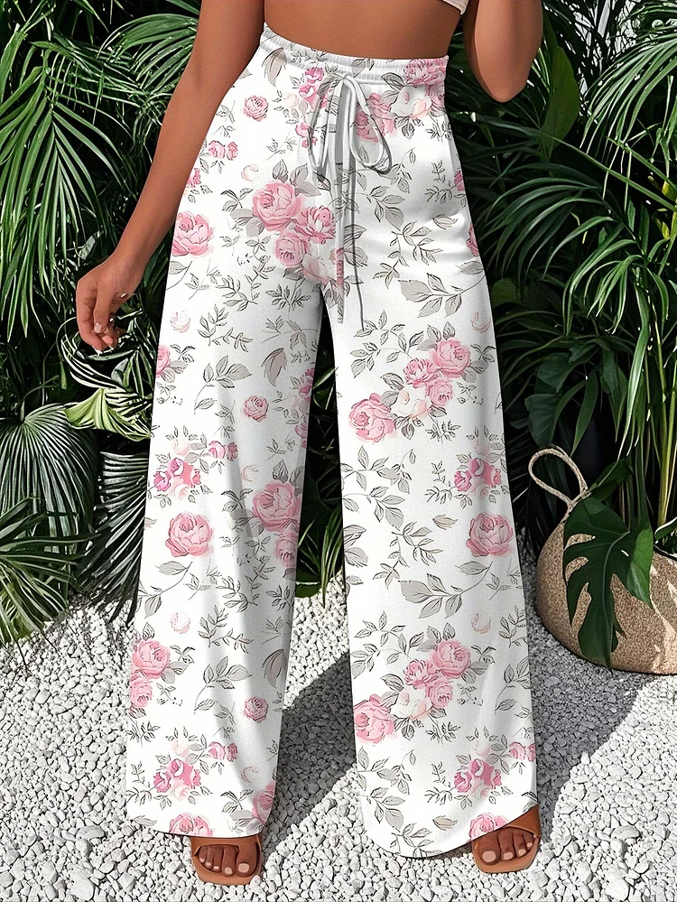 Women's Floral Print Wide Leg Pants - Elegant Loose Fit Drawstring Waist Trousers For Beach Vacation & Casual Outings, Spring Summer Fall Machine Washable, Beach Pants, Summer Clothing, No Stretch Fabric, Digital Print, Outdoor Leisure