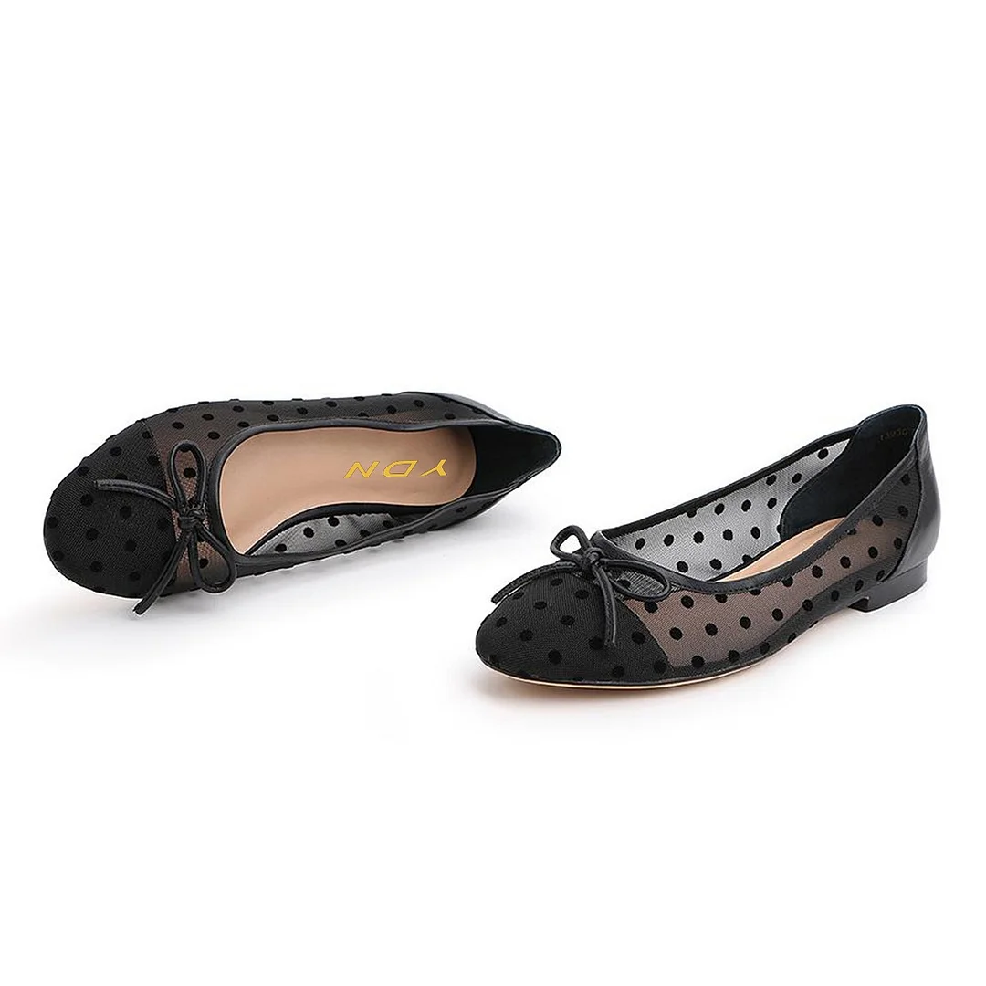 Fashion Black Round Toe Polka Dot Slip On Ballet Flats with Bow