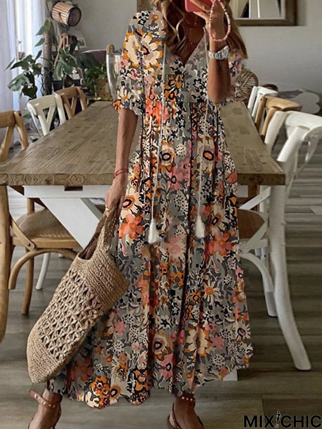 Loosen Floral Short Sleeve Woven Dress