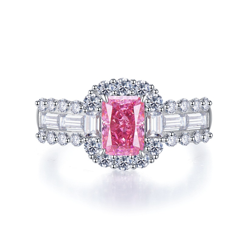 MIKAMU Jewelry: S925 Silver Rectangle Ring with High Carbon Diamond in Ruby Red 5*7mm