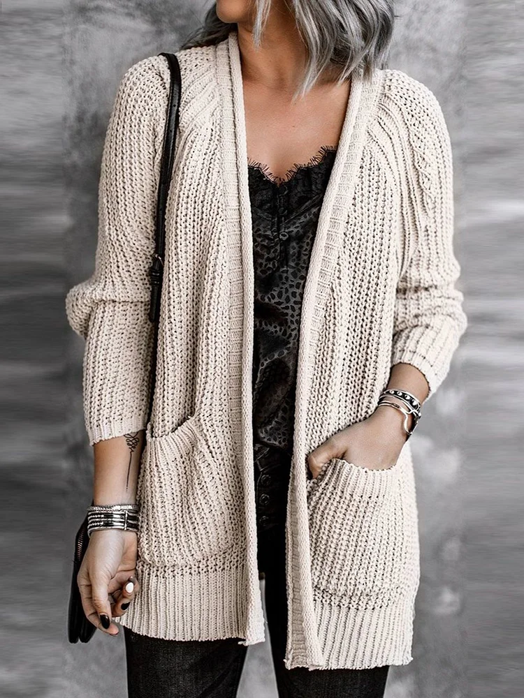 Women Casual Plain Autumn Mid-Weight High Elasticity Date Long Sleeve Loose Wrap Sweater Coat
