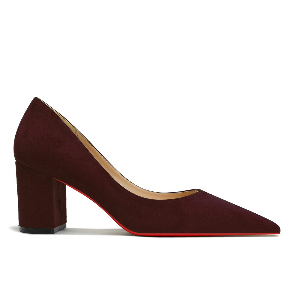 65mm Women Chunky Heels Red Bottom Shoes Comfortable Middle Block Heel Pumps Suede-MERUMOTE