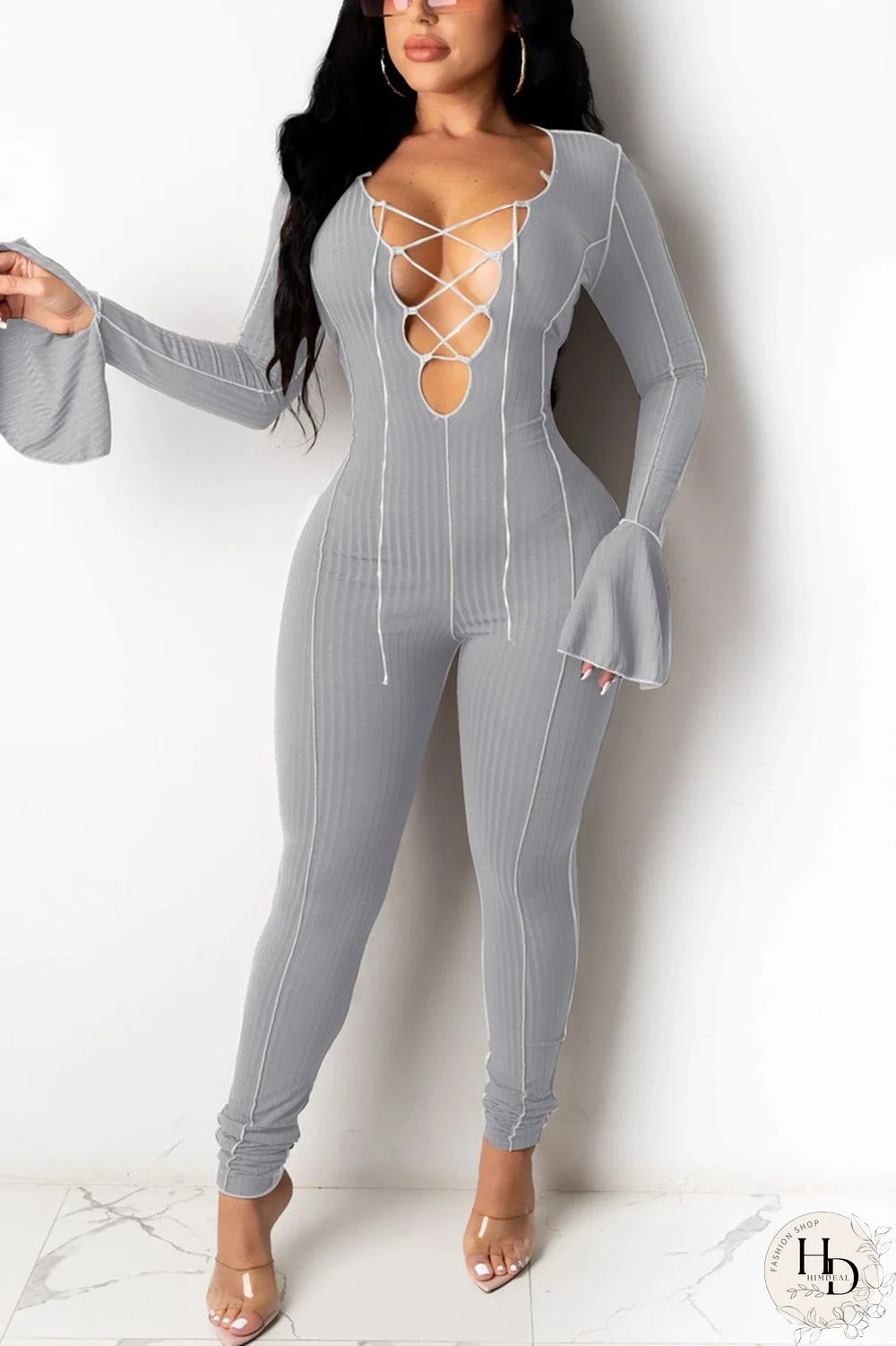 Wine Red Fashion Sexy Solid Split Joint V Neck Skinny Jumpsuits