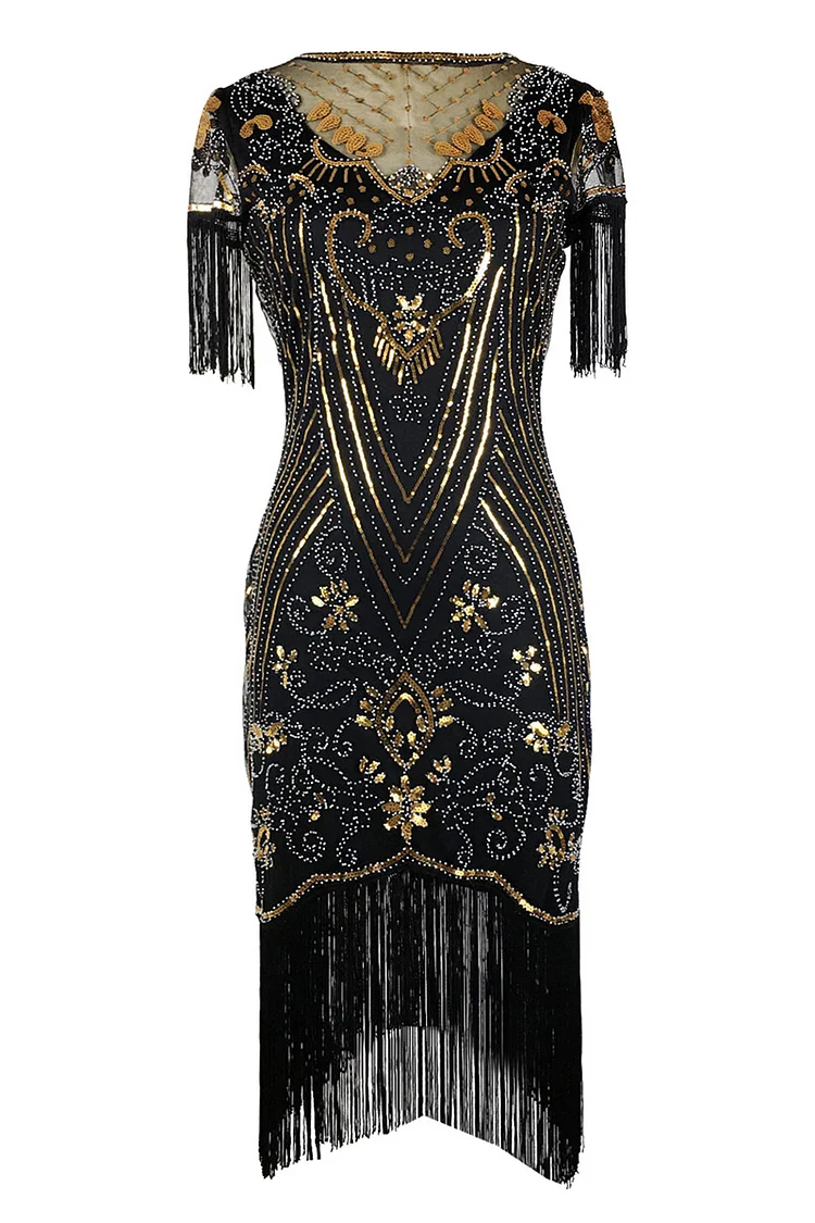 1920s Dark Green Gold Cocktial Party Sequin Embroidery Rhinestone Tulle V Neck Midi Dress