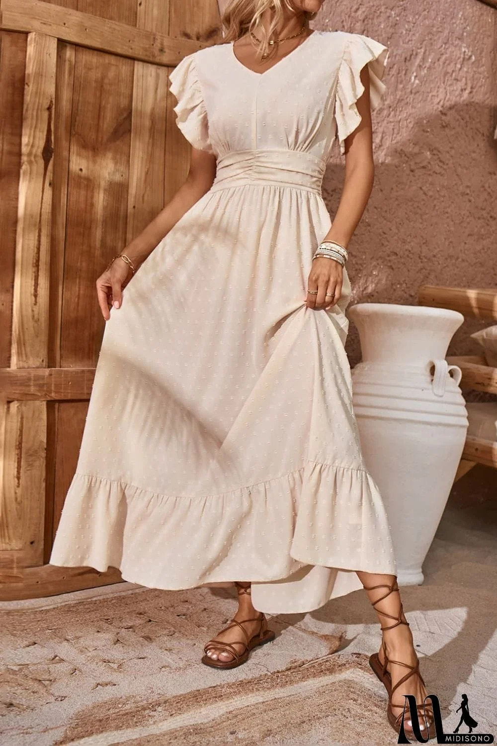 MidiSono - Swiss Dot V-Neck Flutter Sleeve Dress