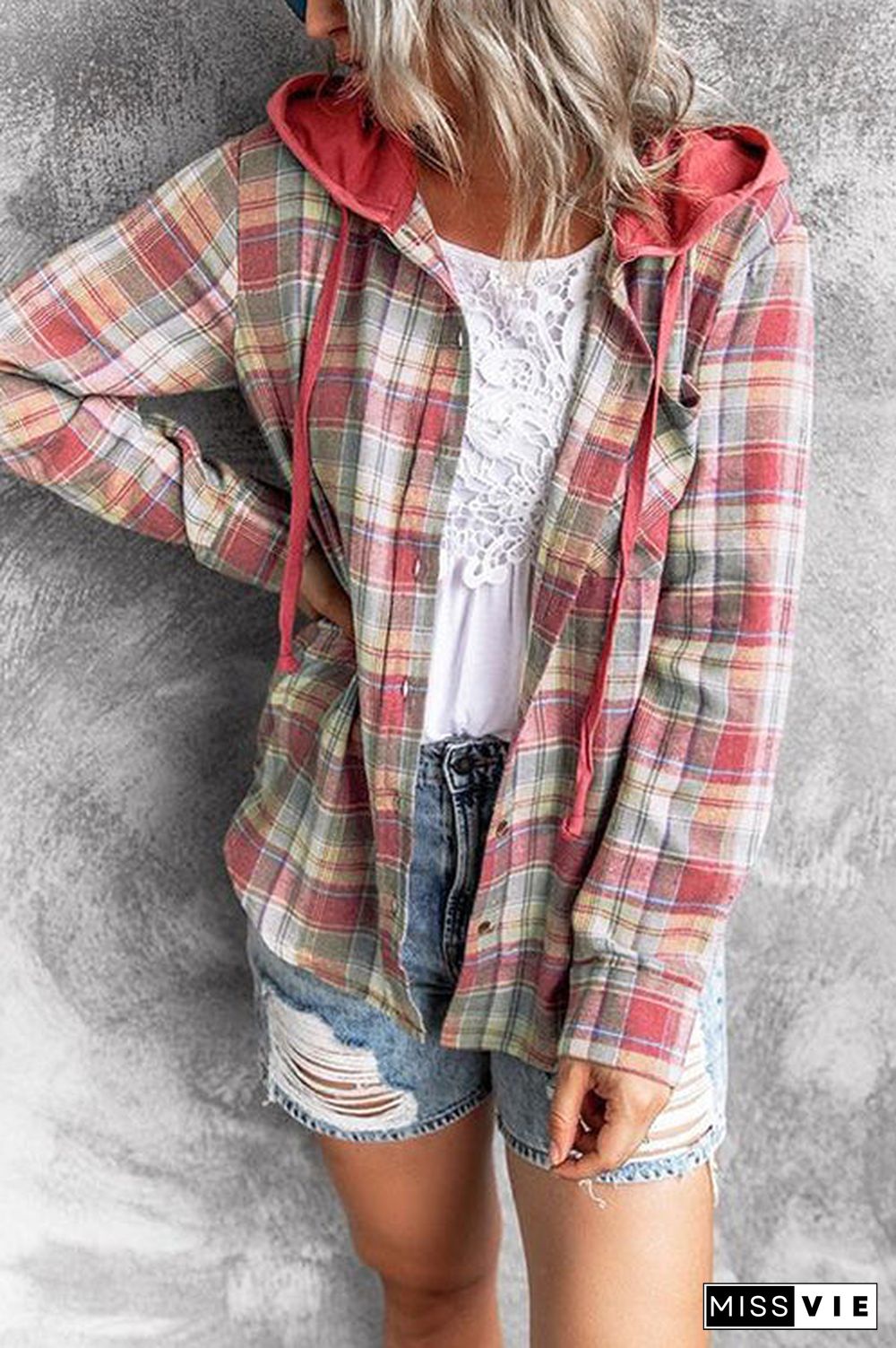 Flannel Plaid Button Down Hoodie Top