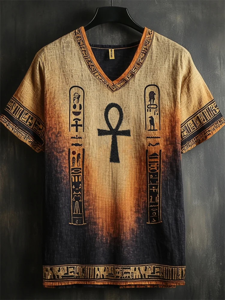 Ankh Embroidered Ancient Egyptian Gradient Dyed Linen Shirt