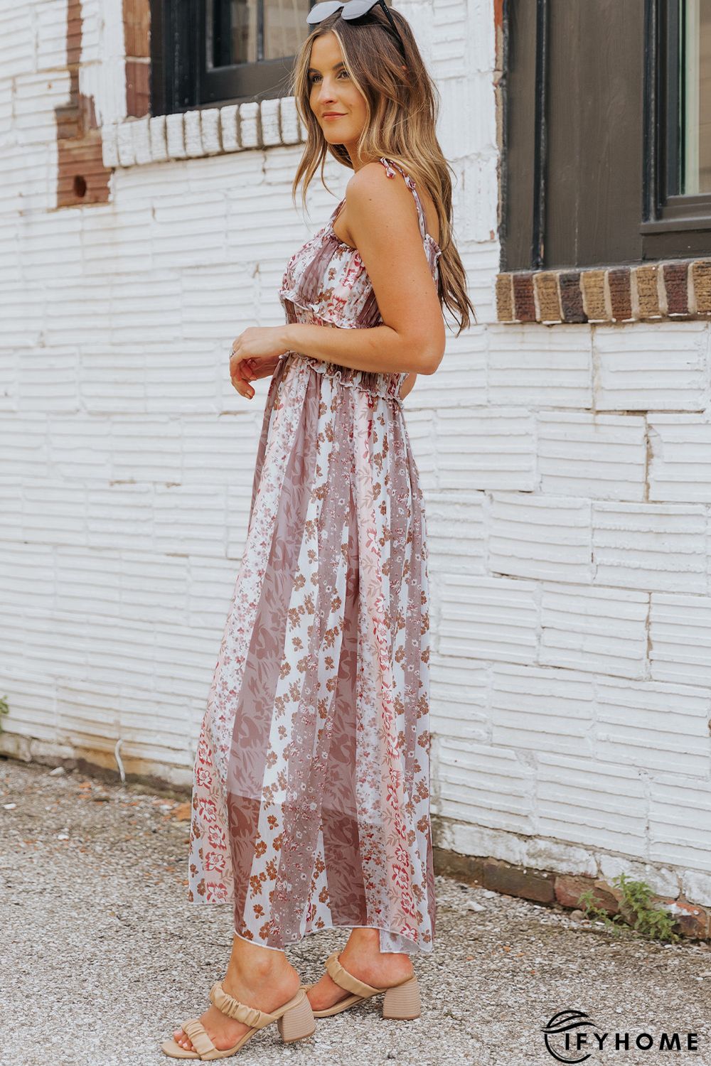 Multicolor Floral Print Frill Trim Smocked Spaghetti Strap Maxi Dress | IFYHOME