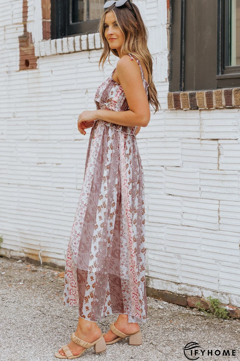 Multicolor Floral Print Frill Trim Smocked Spaghetti Strap Maxi Dress | IFYHOME