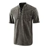 Men Gothic Retro T-Shirt Lace-up V-neck Linen Pocket Short Sleeve Tee Shirt Loose Tops