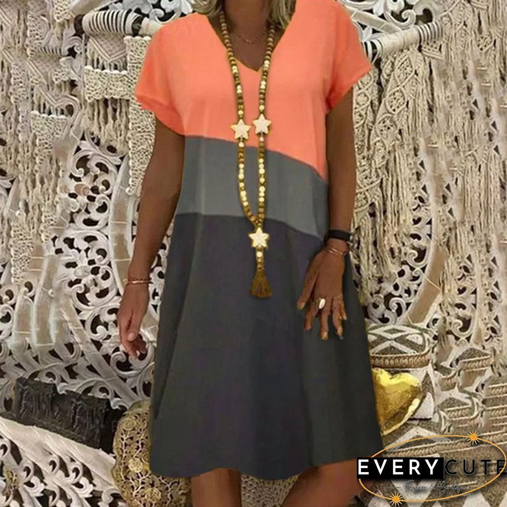 Summer Retro V-Neck Short-Sleeved Mid-Length Dress Retro Printed Loose Beach Casual Skirt