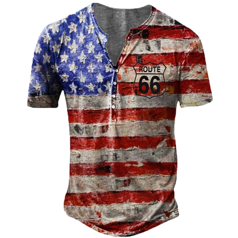 Men's Outdoor American Flag Route 66 Print Henry T-Shirt