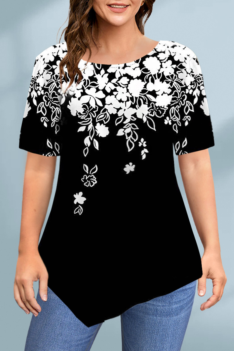 Flycurvy Plus Size Casual Black Floral Print Asymmetrical Hem T-Shirt