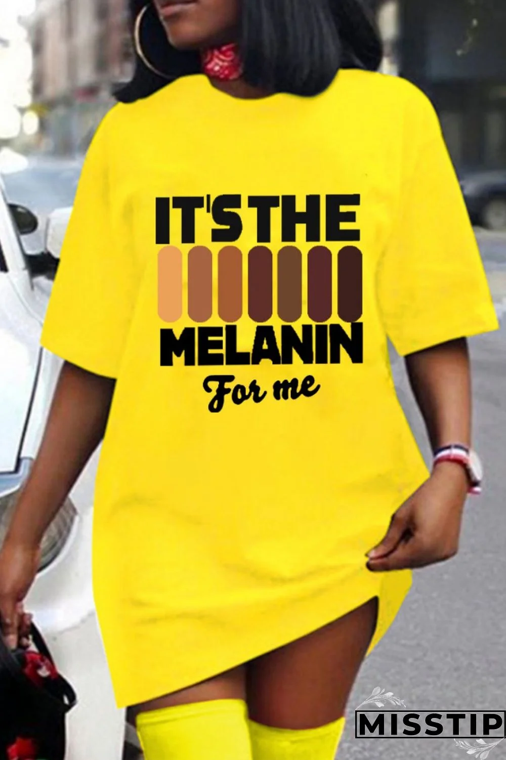 Yellow Casual Letter Print Basic O Neck Short Sleeve Dress
