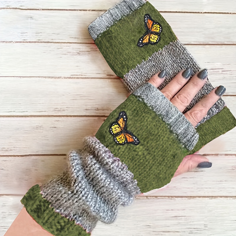 Butterfly Embroidery Knitted Gloves Color Block Fingerless  Gloves Thickened Windproof Mittens For Women