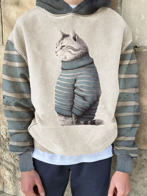 Men's Lovely Cat Colorblock Raglan Sleeve Graphic Print Hoodie