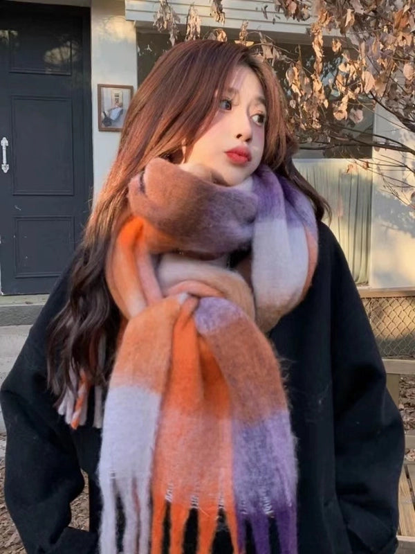 Knock On The Beauty Drop ~ A Big Love Thick Braid Rainbow Checkered Color Matching Scarf Winter Cashmere Plaid Tassel Shawl