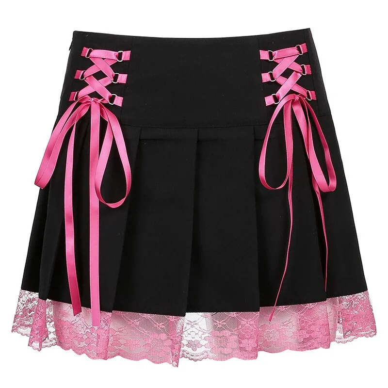 Gothic Y2K Pleated Skirt Women Skirt Punk Style Vintage Sexy Mini Skirt  High Waist  Tie Up Aesthetic Black Dance Short Skirt