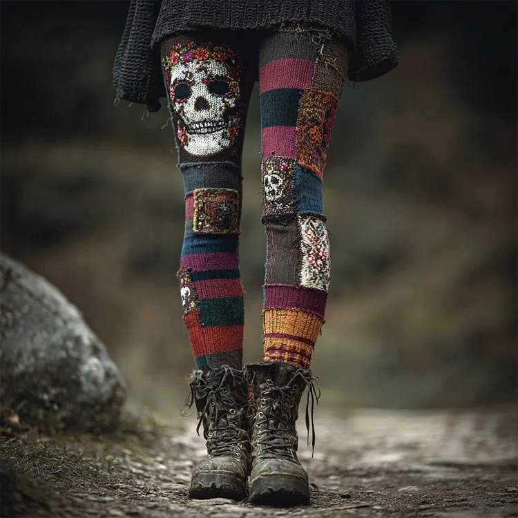 Vintage Skull Embroidered Patchwork Cozy Knit Leggings