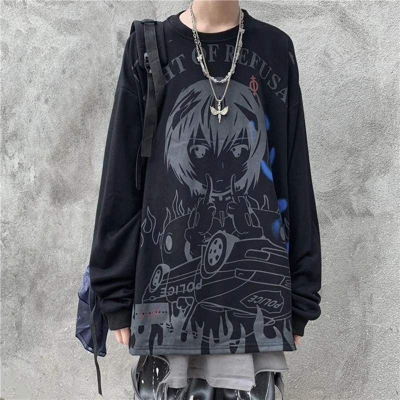 Harajuku Dark Secondary Anime Printing Hip Hop Long Sleeve Shirt BE573