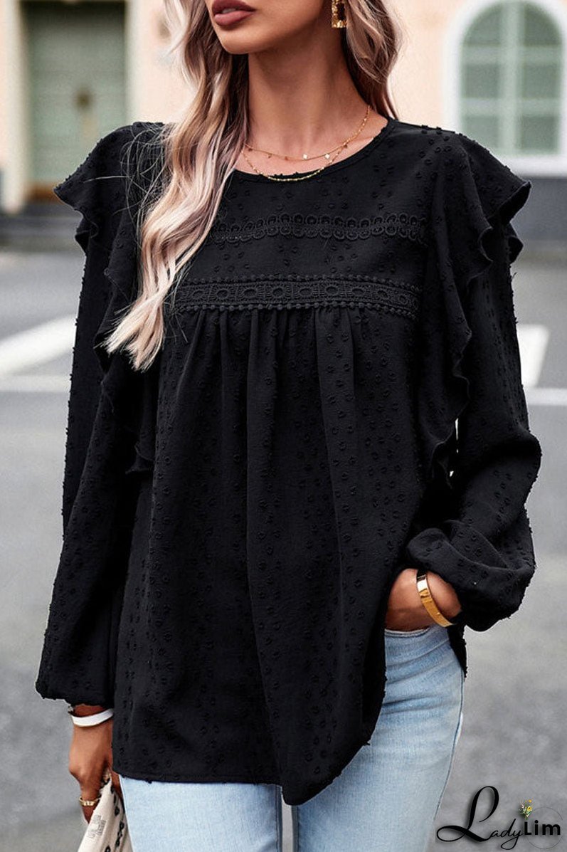 Long Sleeve Ruffle Round Neck Casual Tops