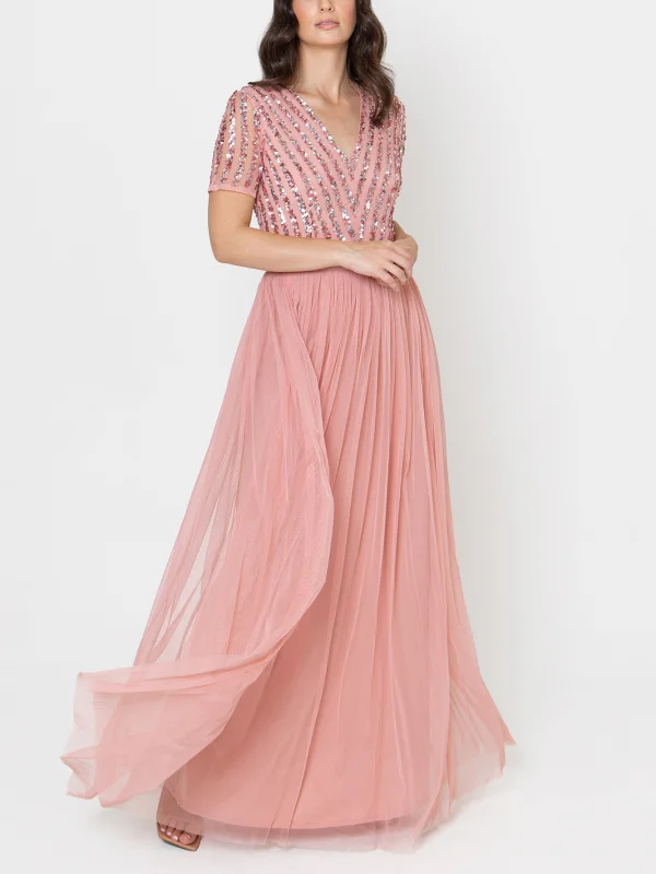 V-Neck Sequined Short-Sleeved Solid Color Maxi Dress