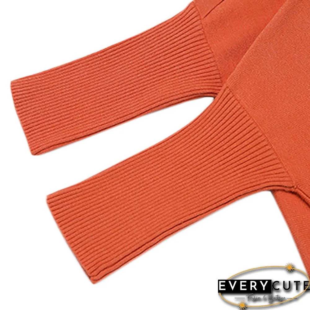 Orange Bat Sleeve Button Shoulder High Collar Sweater