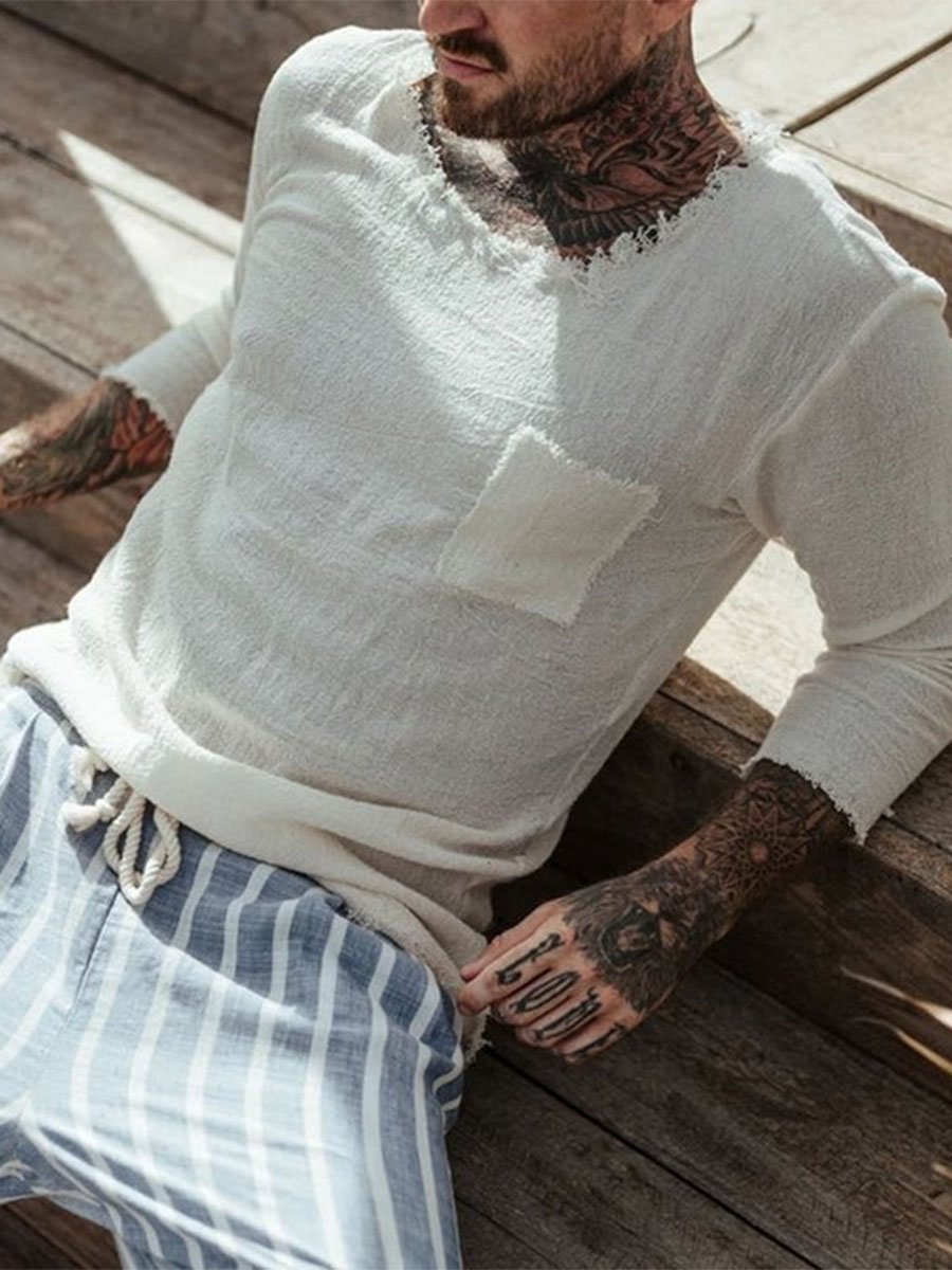 Men's Round Neck Frayed Patch Pocket White Cotton Linen Shirt