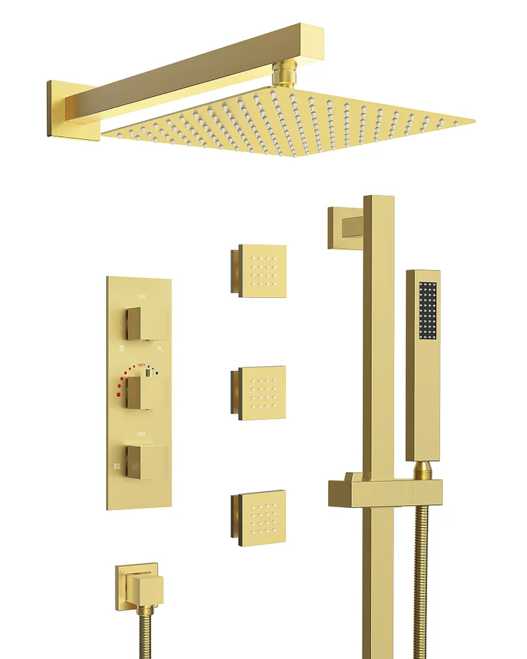 SFS-1016-GD12-1 Thermostatic Rainfall Shower System with 3 Body Jets, Handheld Spray, and Extra 3 Side Sprays