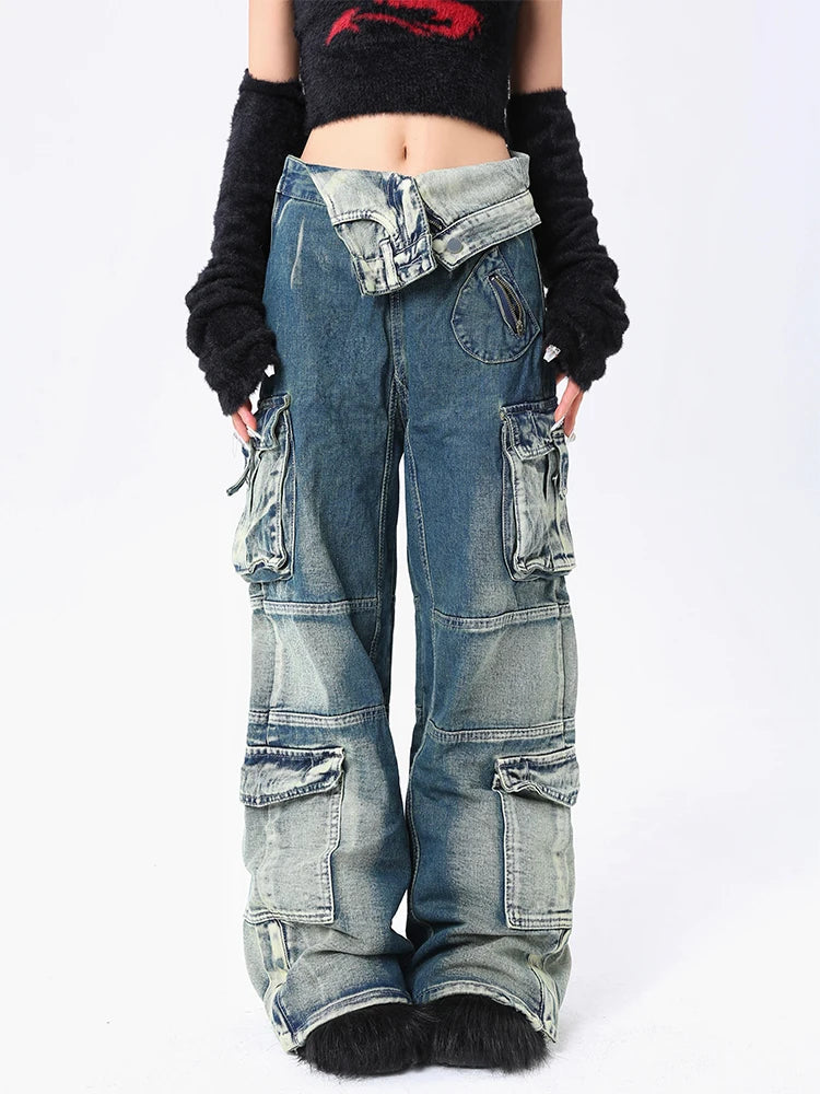 Aiertu Blue Jeans Women Streetwear Fashion Y2K High Waist American Wide Leg Pants Denim Female Pants Autumn Straight Trousers Aiertu