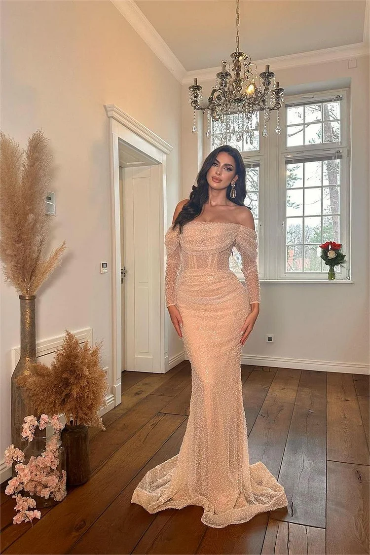 Hellodresses Glamorous Off the Shoulder Long Sleeves Pleated Mermaid Prom Dress With Beadings