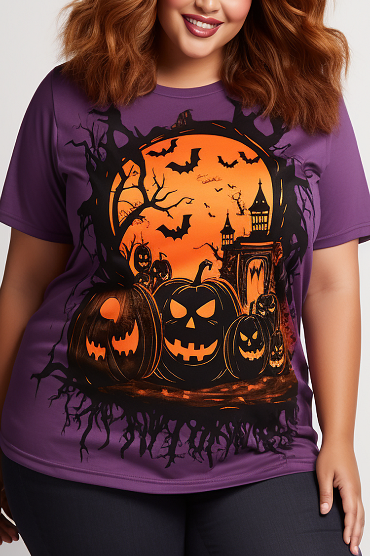 Plus Size Halloween T-Shirt Purple Pumpkin Print Short Sleeve Knitted T-Shirt
