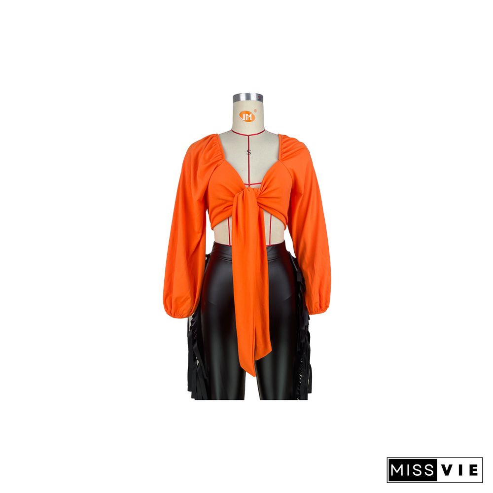 Solid Puff Long Sleeve Lace Up Shirts Crop Tops