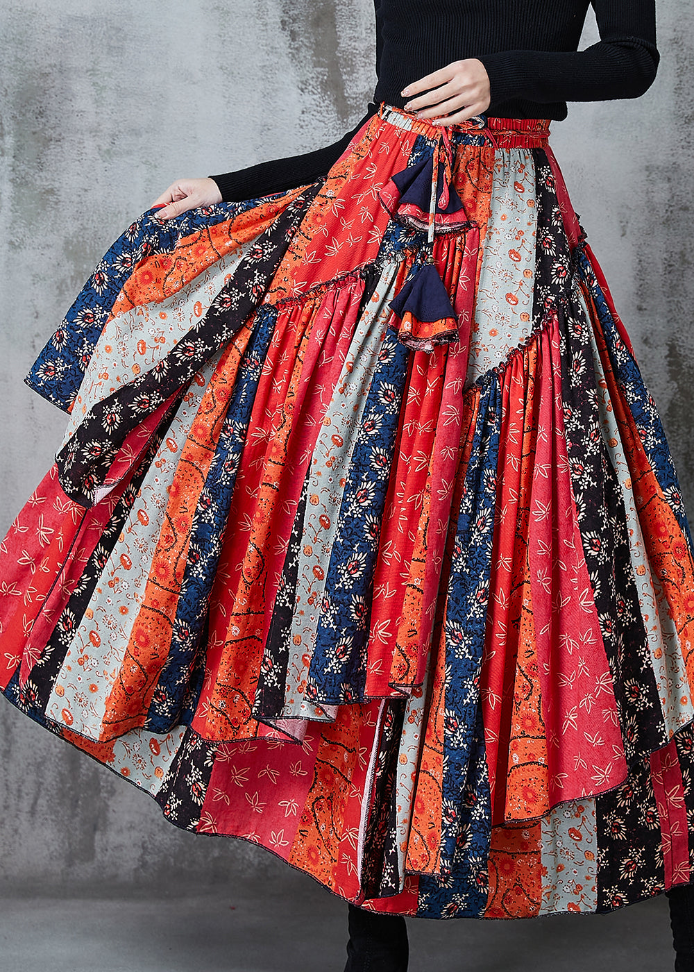 boho-red-asymmetrical-patchwork-cotton-skirt-spring