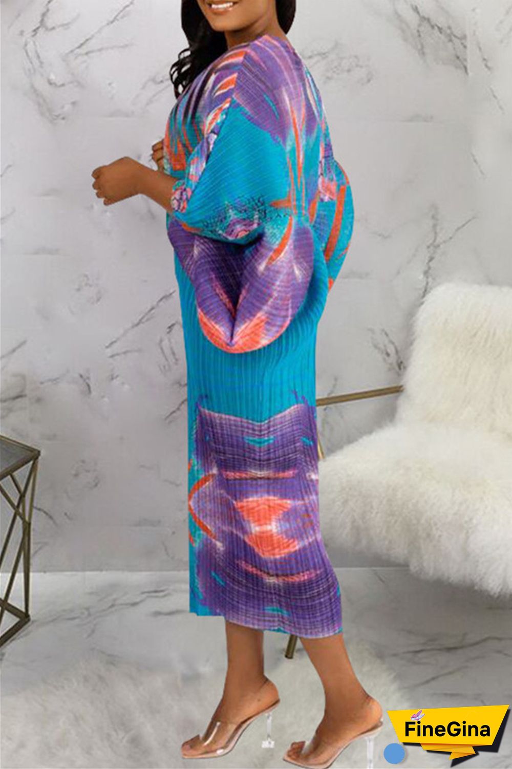 Pink Purple Casual Print Patchwork V Neck Pencil Skirt Plus Size Dresses