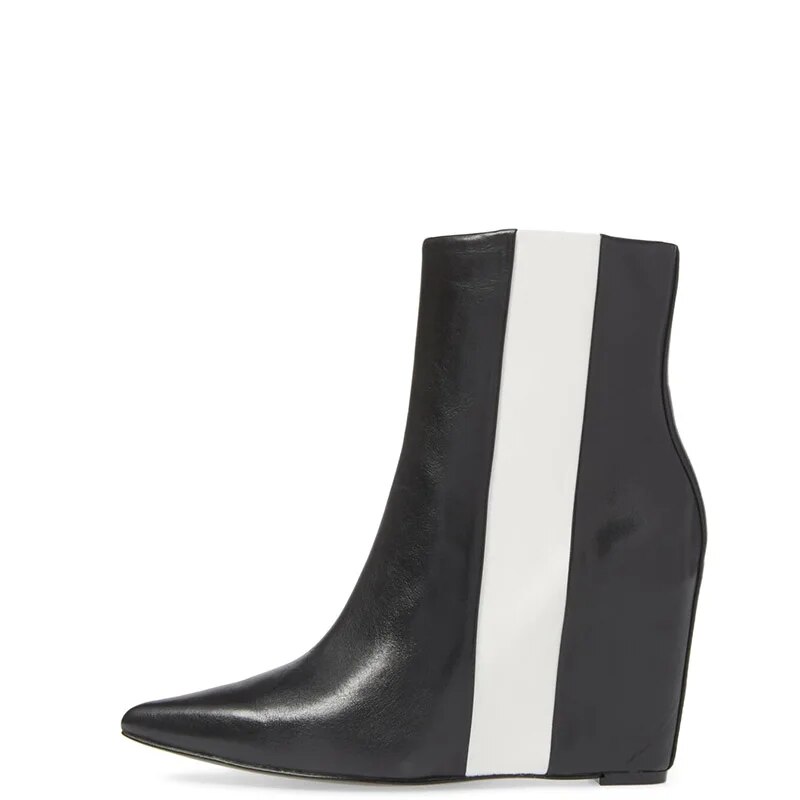 TAAFO Black White Patchwork Woman Ankle Boots High Wedge Heels Pointed Toe Booties Large Size 43 45 Ladies Shoes