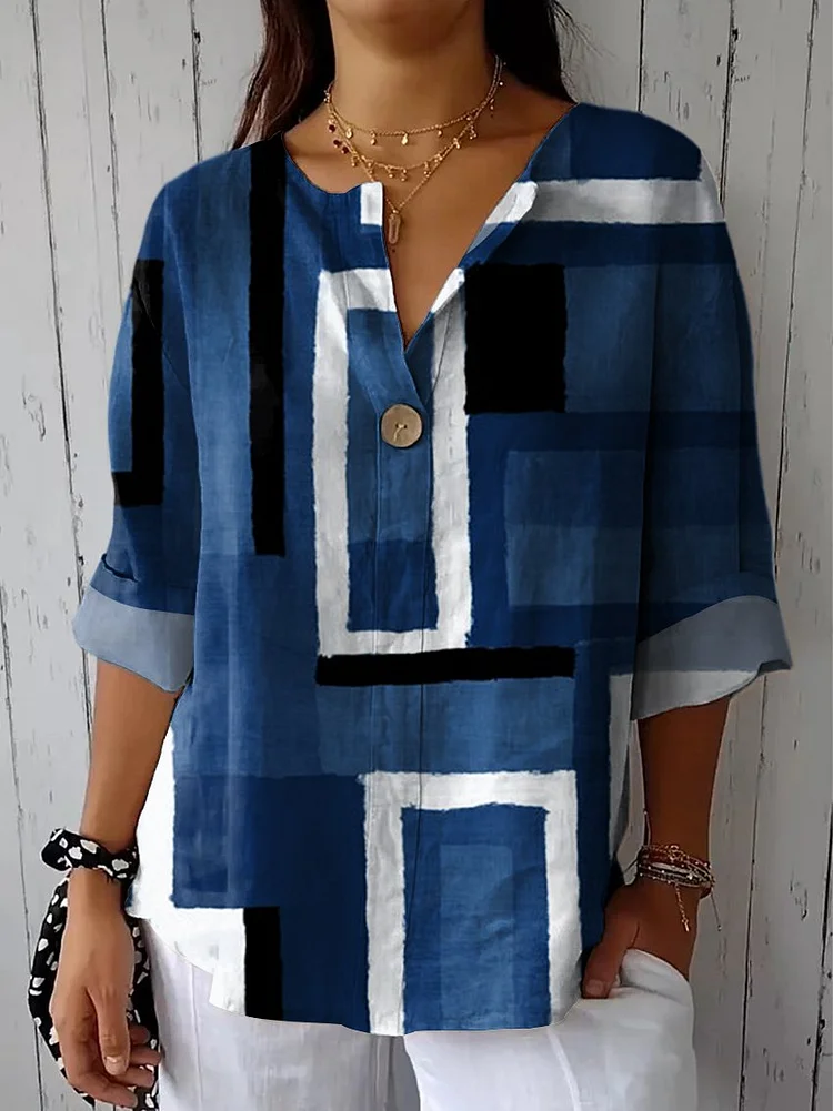 Women's Cowboy Blue Square Geometry Casual Cotton Linen Shirt